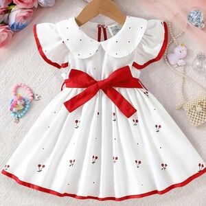 Charming White Kids Dress with Red Accents